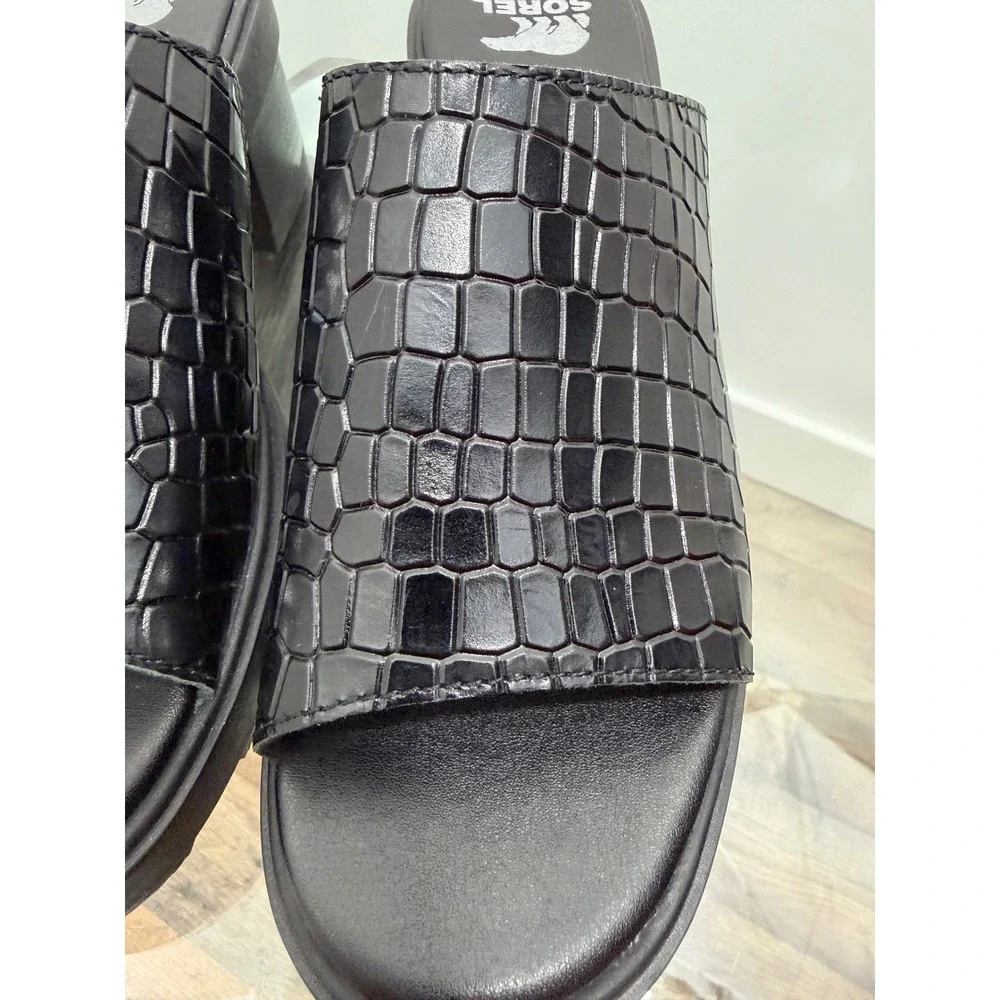 Sorel Brex Slide Sandal Black Croc Embossed Leather Platform Heel NL5085-010 7.5